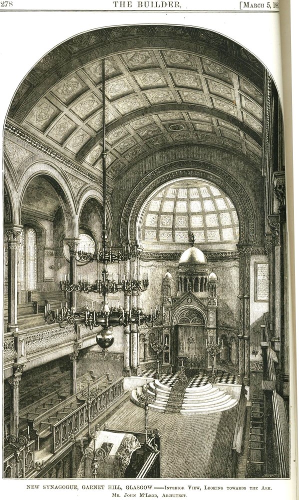 black line illustration of the inside of Garnethill Synagogue