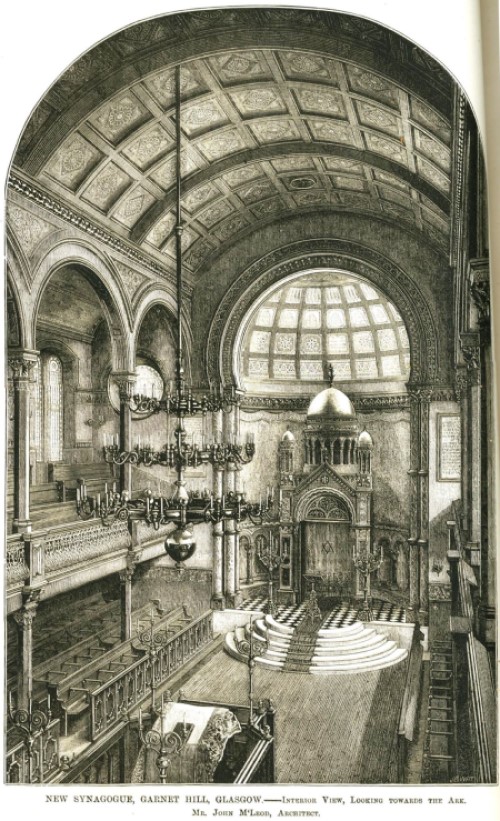 black line illustration of the inside of Garnethill Synagogue
